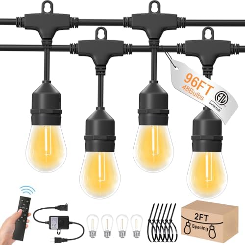 96ft Outdoor String Lights with Remote & Dimmer,48+4 Commercial Grade IP65 Waterproof Bulbs, 2700K Warm White,3 Lighting Modes & Timer,Includes 50 Cable Ties for Patio,Garden, Party（48FT*2） by Loniuto