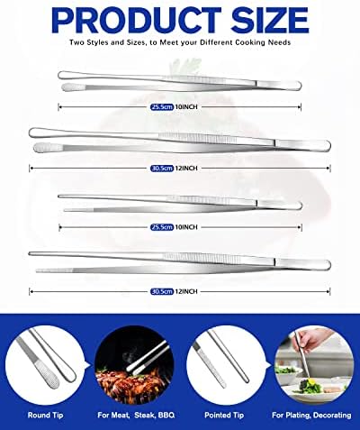 4 Pcs Fine Long Tweezer Tongs Professional Silver, 12'' and 10'' Stainless Steel for Kitchen, Food, Cooking, Repairing, Sea food and BBQ - Image 4
