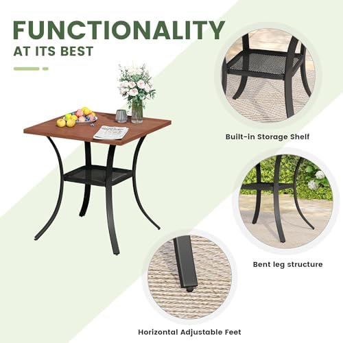 Outdoor Dining Table with Storage Shelf, 27.5" All-Weather Square Patio Dining Table for 2, Metal Patio Table for Garden Lawn Porch Deck Yard, Walnut - Image 6