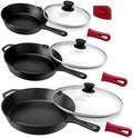 Cuisinel Cast Iron Skillets Set + Glass Lids - 8"+10"+12"-Inch Frying Pans + Silicone Handle Holder Covers - Pre-Seasoned Oven Safe Cookware - Indoor/Outdoor Use - Grill, Stovetop, Camping Fire Safe by Cuisinel