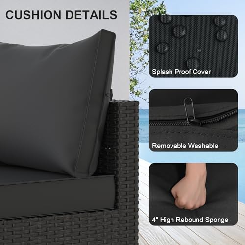 Patio Furniture Set w/ Fire Pit Table, 6PCS Outdoor Conversation Sets Waterproof Rattan Sectional Sofa with 4” Thickened Cushion Modular Wicker Patio Furniture Set with Glass Top Table (Black) - Image 2