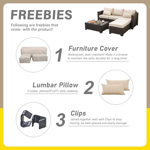 Oasishine 3 Pcs Patio Furniture Set Outdoor Sectional Wicker Patio Furniture Patio Couch Outdoor Storage Table with Lining All-Weather Non-Slip Cushions Waterproof Covers, Khaki - Image 4