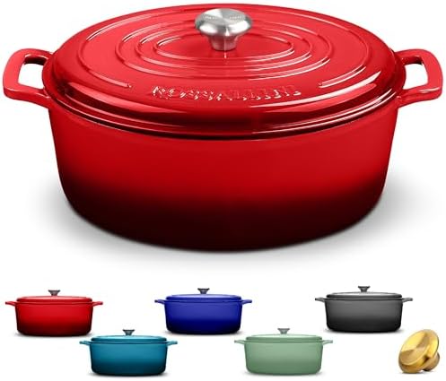 Rossallini Enameled Cast Iron Oval Dutch Oven Pot with Lid, 6.75 Quart, Red by RossalliniSignatureStoneware