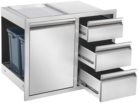 Outdoor Kitchen Drawer Combo, Stainless Steel Triple Drawer Cabinet with Built-in Trash Drawer & Two Trash Cans, 28" W x 22" H x 19.5" D Outdoor Kitchen Storage for BBQ Grill Islands by Unknown