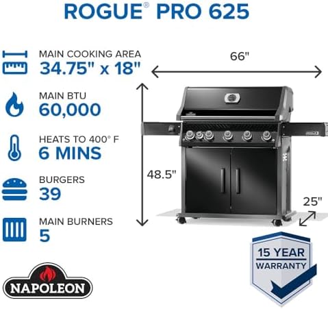Napoleon Rogue PRO 625 5-Burner Natural Gas Grill with Infrared Side Burner - Image 2