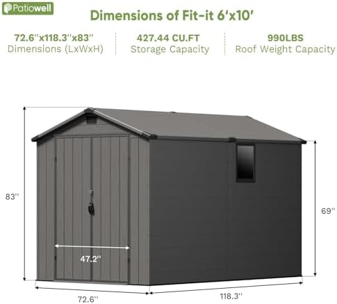Patiowell 6x10 FT Plastic Outdoor Storage Shed with Floor, Dark Grey - Image 3