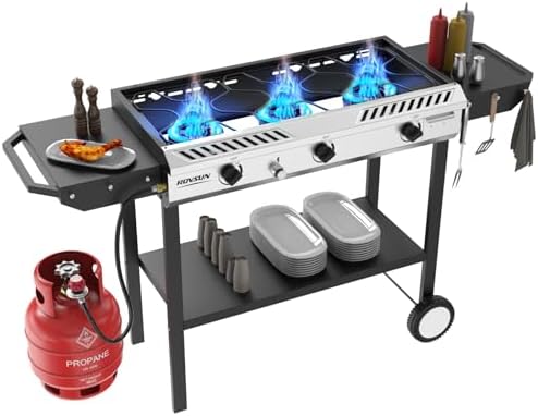 ROVSUN 3 Burner Outdoor Propane Gas Stove with Ignition, Regulator & Side Shelves, 225,000 BTU Rolling Gas Stove Outdoor Cooker for Backyard Patio Cooking Home Camping Brewing Canning Turkey Frying by ROVSUN