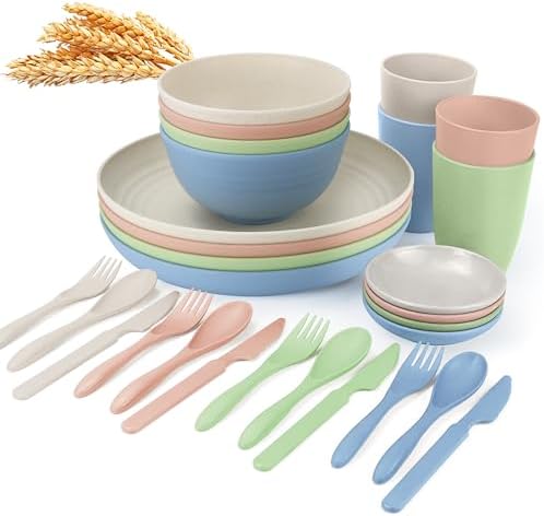 Wrova wheat straw bowls,plates,cups and cutlery sets 28 pcs - Unbreakable Dishwasher Safe dinnerware sets service for 4 - Ideal dish sets for kitchen, camping, indoors and out doors.Nordic by WROVA