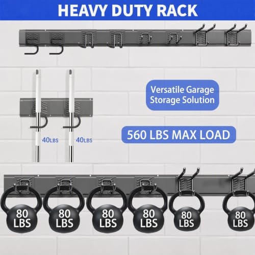 Garage Tool Organizer Wall Mount, 64 Inch Heavy Duty Garden Tool Organizer Storage System, Easy Install with 8 Adjustable Bike Hooks, for Garage, Basement, Shed, Workshop, Black, Steel - Image 3