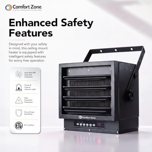 Comfort Zone Hard-Wired Ceiling Mount Garage Space Heater with Remote, 7,500 Watt, 240 Volt, Fan-Forced, Overheat Protection, Digital Thermostat, 12-Hour Timer, Ideal for Garage & Workshop, CZ230ERBK - Image 6
