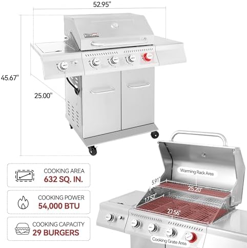 Royal Gourmet 4-Burner BBQ Cabinet Style Gas Grill with Side Burner, Silver - Image 3