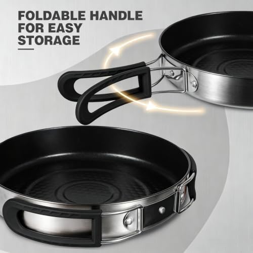 REDCAMP 2Pcs Nonstick Frying Pan Set, Stainless Steel Camping Skillet with Foldable Handle for Easy Storage, Lightweight Portable Cooking Pan for Egg Steak Outdoor Kitchen Backpacking - Image 5