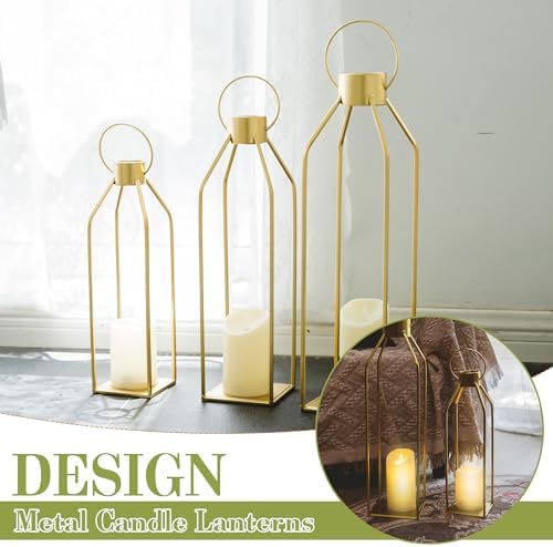 HPC DECOR Modern Farmhouse Lantern Decor- 22''19''16''Tall Large Gold Metal Candle Lanterns for Home Decor-Lanterns Decorative w/Timer Flickering Candles for Living Room,Outdoor,Fireplace Mantle Decor - Image 3