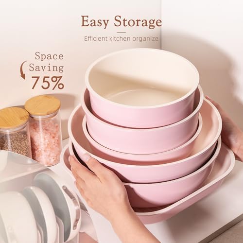Astercook 23 Pcs Pots and Pans Set Non Stick, Ceramic Cookware Set Detachable Handle, RV Kitchen Cooking Set Removable Handles, Oven Safe, Induction Ready, Stackable, Pink, Mothers Day Gifts - Image 5