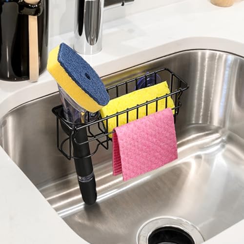 3-In-1 Sponge Holder for Kitchen Sink, 2 Type Suspension Options (Suction Cups & Adhesive Hook), Hanging Sink Caddy Organizer Rack - Sponge, Dish Cloth, Brush, Scrubber, 304 Stainless Steel - Black - Image 6