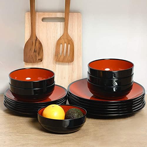 TP 18-Piece Melamine Dinnerware Sets, Service for 6, Black&Red - Image 5