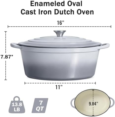 Enameled Oval Dutch Oven Pot with Lid, 7 QT Cast Iron Dutch Oven with Dual Handles for Cooking, Bread Baking, Frying, Non-stick Enamel Coated Oven (Grey) - Image 2