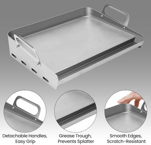 23x16 Inch Griddle for Gas Grill Reinforced Bottom Anti Warp Detachable Handle Grease Groove Stainless Steel Flat Top for Pellet Grill and Stove Outdoor Indoor Cooking - Image 4