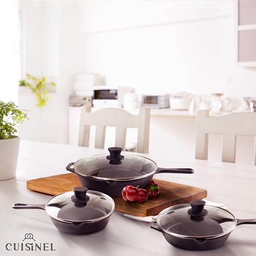 Cuisinel Cast Iron Skillets Set + Glass Lids - 8"+10"+12"-Inch Frying Pans + Silicone Handle Holder Covers - Pre-Seasoned Oven Safe Cookware - Indoor/Outdoor Use - Grill, Stovetop, Camping Fire Safe - Image 6
