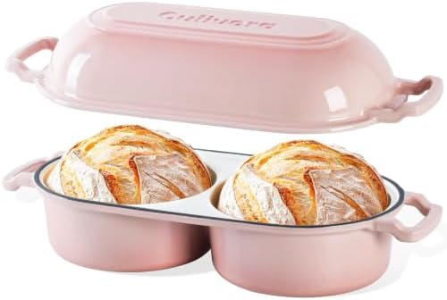 Cast Iron Double Dutch Oven, Mini Enamel Sourdough Bread Pan with Lid, Pink by Culivora