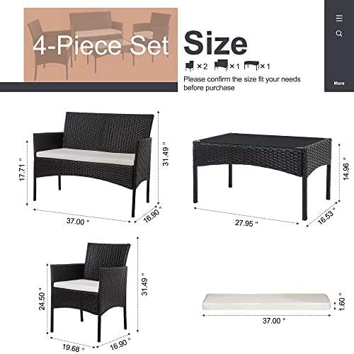 Shintenchi 4 Piece Outdoor Patio Furniture Sets, Small Wicker Patio Conversation Furniture Rattan Chair Set with Tempered Glass Coffee Table for Backyard Porch Garden Poolside Balcony,Black - Image 3