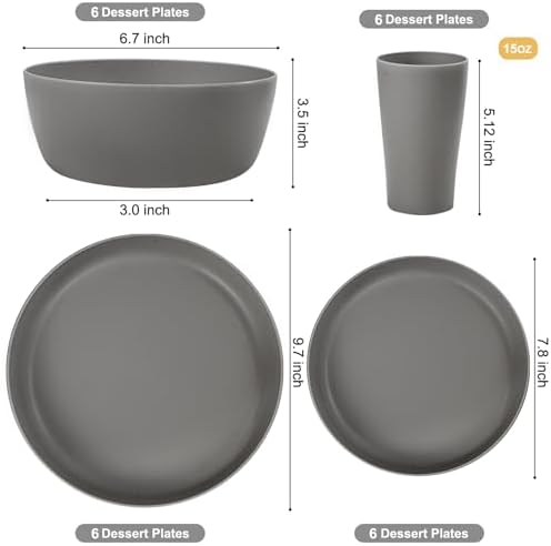 EjonirInjonir 24Pcs Unbreakable Dark Gray Wheat Straw Dinnerware Set for 6 - Image 2