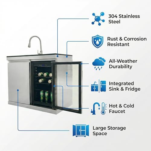 Sink and Fridge Combo for Outdoor Kitchen, 70L Refrigerator and Sink with Pull-Down Faucet, Brushed SS and Black Granite Countertops, All-in-One BBQ Island Cleaning Station (Silver) - Image 6
