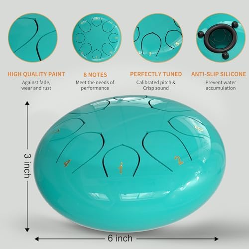 Rain Drum for Outside Garden, 6 Inches 8 Notes Steel Tongue Chakra Drums, Waterproof Meditation Rain Chime, Musical Instruments for Adult Gift with Bag, Music Book, Drum Mallets (Blue) - Image 2