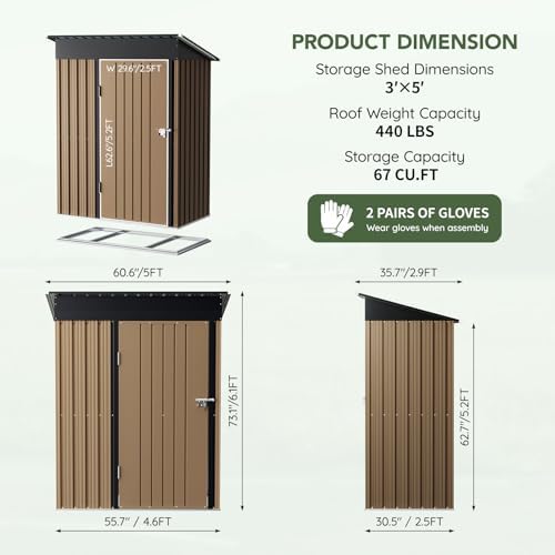 3 x 5 FT Storage Shed with Floor Frame for Backyard, Brown - Image 2