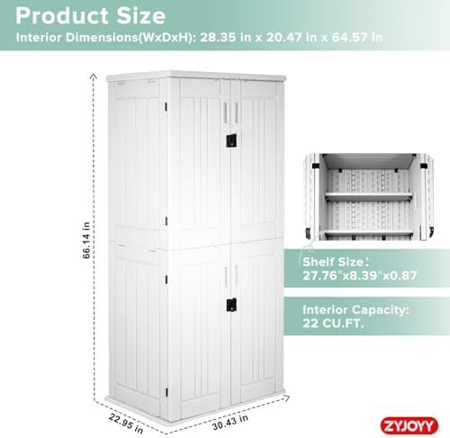 ZYJOYY Outdoor Storage Cabinet with 4 Shelves, 31.5" x 23.23" x 66.22" White Waterproof Resin Vertical Tool Shed, Lockable 30 cu.ft. Storage Shed for Patio, Garden, Yard - Image 2