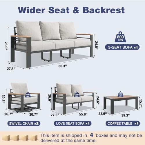 Aoxun Aluminum Patio Furniture Set 7 Seats with Swivel Chairs, Grey - Image 6