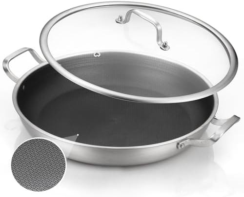 DELARLO Skillet With Lid,Tri-Ply Stainless Steel Pan,12 Inch Non Stick Paella Pan,Skillets And Frying Pans,Nonstick skillet Kitchen Oven Safe Skillet,Heavy Duty Style by DELARLOCOOKWARE