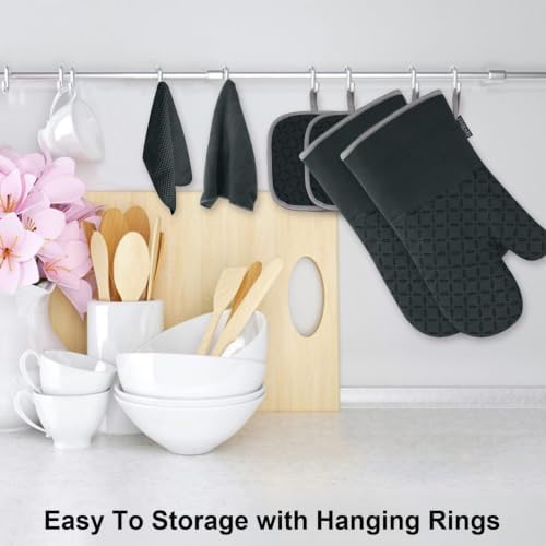 KEGOUU Oven Mitts and Pot Holders 6pcs Set, Kitchen Oven Glove High Heat Resistant 500 Degree Extra Long Oven Mitts and Potholder with Non-Slip Silicone Surface for Cooking (Deep Green) - Image 4