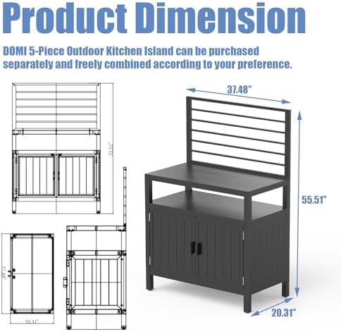 Domi Outdoor Kitchen Island with Storage, Aluminum Kitchen Storage Island with Wall Hanging, Freestanding Grill Storage Cabinet with Protective Cover for BBQ, Deck, Patio, Backyard - Image 3