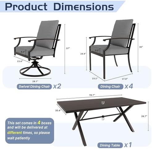 ALAULM 7-Piece Patio Dining Table and Chairs for 6 Outdoor Dining Set with 2 Swivel Chairs Patio Dining Sets with Rectangular Metal Table with Umbrella Hole for Patio, Backyard, Garden-Grey - Image 6