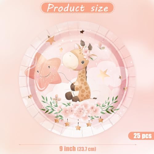 WRAPAHOLIC 25Pcs Baby Girl Paper Plates - 9 Inch Adorable Giraffe Disposable Plates Decorative Dinner Plates for Party Tableware Supplies Table Decor - Image 2