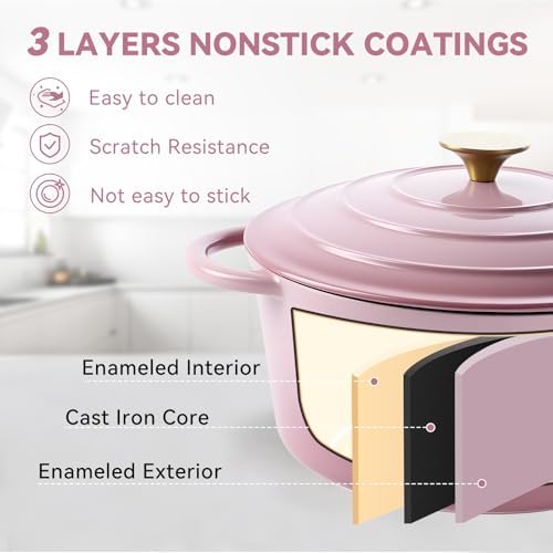 Miereirl 4.5 Quart Enameled Dutch Oven Pot with Lid, Cast Iron Dutch Oven with Dual Handles for Bread Baking, Cooking, Non-stick Enamel Coated Cookware, Pink - Image 5