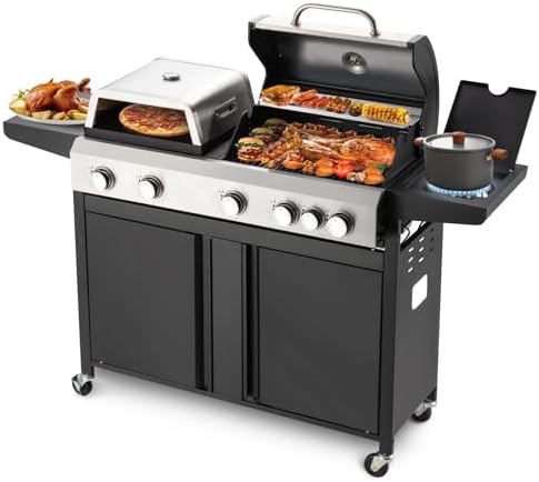 3 IN 1 Pizza Griddle Grill Combo, 74,000 BTU 5-Burner Stainless Steel Propane Gas Grill with Side Burner, Porcelain Enameled Cast Iron Grates, Griddle & Pizza Oven for Outdoor Patio Backyard by UPHYB