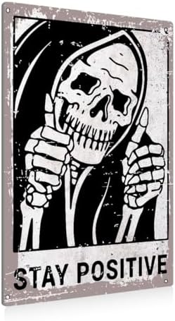 BEASTZHENG Vintage Stay Positive Skull Sign Metal Tin Sign Wall Décor Funny Retro Sign for Home Living Room Bedroom Halloween Decor Gifts - 8x12 Inch by BEASTZHENG