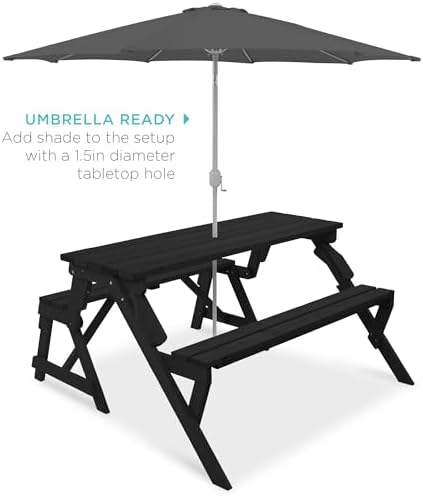 Best Choice Products 2-in-1 Transforming Interchangeable Outdoor Wooden Picnic Table Garden Bench for Backyard, Porch, Patio, Deck w/Umbrella Hole - Black - Image 5