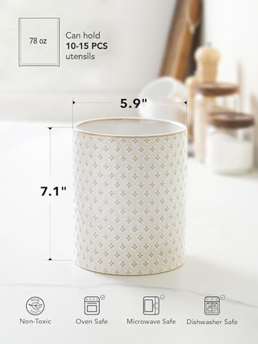 LE TAUCI Utensil Holder for Kitchen Counter - 7.1" Large Ceramic Utensil Crock, Cooking Utensil Organizer for Spatula, Spoon, Whisk - Farmhouse Kitchen Countertop Storage, Embossed, Clover - Image 6