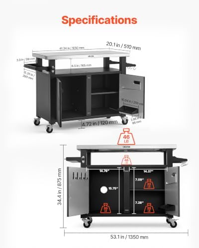 VEVOR Outdoor Grill Cart with Storage Cabinet, 53.1 Inch Grill Table, Waterproof Kitchen Island with Stainless Steel Top, Shelf, and Wheels, Movable Food Prep Station for Patio Bar Backyard BBQ - Image 2