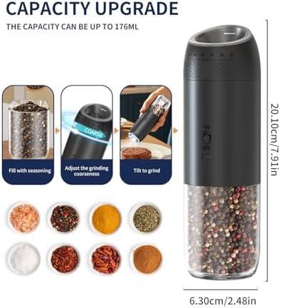 CIRCLE JOY Rechargeable Electric Salt and Pepper Grinder Set with Base, Automatic Pepper Mills with 110ml Container, External Adjustable Coarseness, White Led Light and One-Handed Operation, Black - Image 5