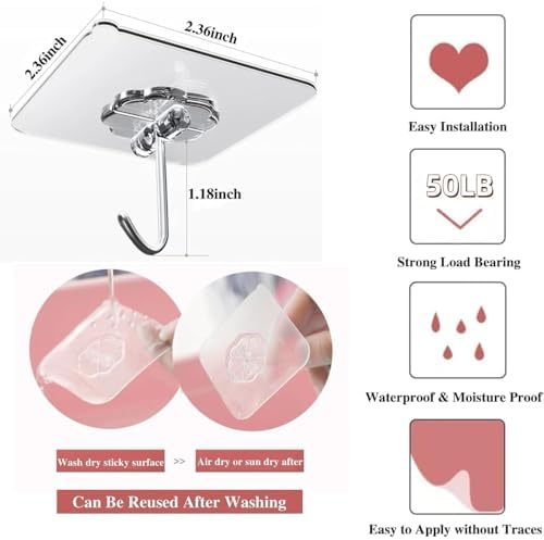 DDMY Hooks for Hanging, 50 Pack Wall Hooks 50lb(Max) Transparent Reusable Waterproof Adhesive Hook for Kitchen Curtain, Towel Hook for Bathrooms, Heavy Duty Self Coat Hook for Walls No Damage - Image 3