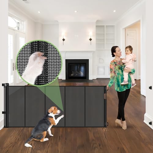 96" Wide Reinforced Retractable Baby Gates, Prevent Crawling Under, Black by BabyPetSafetyGate