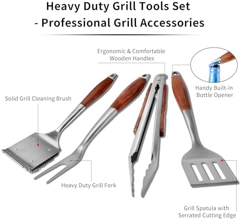 FJNATINH Heavy-Duty Grilling Accessories Rose Wooden BBQ Grilling Tools Set,Outdoor Grill Set with Spatula, Fork, Brush & Tongs,Essential Accessories for Barbecue & Grill. Ideal Gift for Men - Image 2