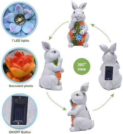 Nacome Solar Bunny Garden Statue - Succulent & 7 LED Lights, Outdoor Decor - Image 3