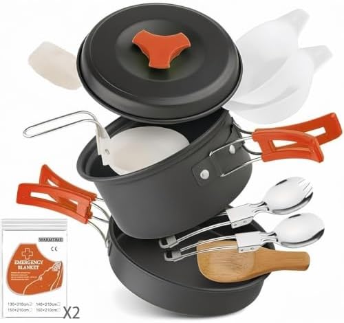 12-Piece Lightweight Camping Cookware Set – Nonstick Pot, Pan & Utensils for Backpacking & Hiking – Portable Mess Kit for 1–2 People, Bonus 2 Emergency Blankets by Unknown