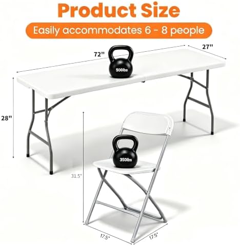 White 6 FT Folding Table and 6 Plastic Folding Chairs for 6 People - Image 3