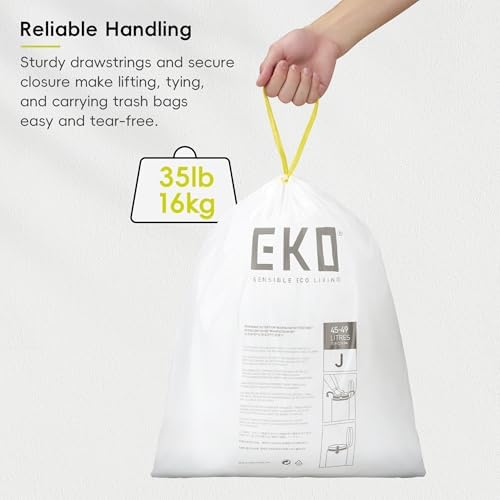 EKO 12.9 Gallon / 45-49 Liter, 110 Count Drawstring Trash Bags, Extra-Strong Unscented Garbage Bags, Easy-Dispense Roll for Kitchen & Household Use, Resists Tears, Leaks and Punctures, Code J, White - Image 4